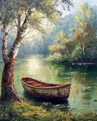 Old wooden boat sitting in the water illustration by F. Abderrahim