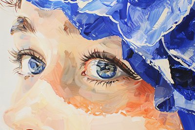 Realistic oil painting cinematic indigo, Female blue eye close up by F. Abderrahim