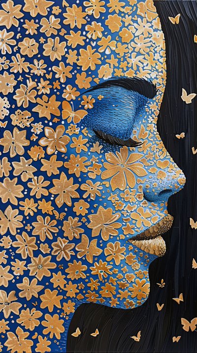 Woman face, Gold foil Robotic Rangoli flower power by F. Abderrahim