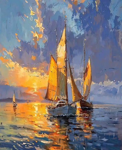 Yachts in calm sea water at sunset by F. Abderrahim