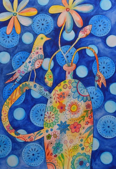 Bird on Flower Vase by Marys Watercolors