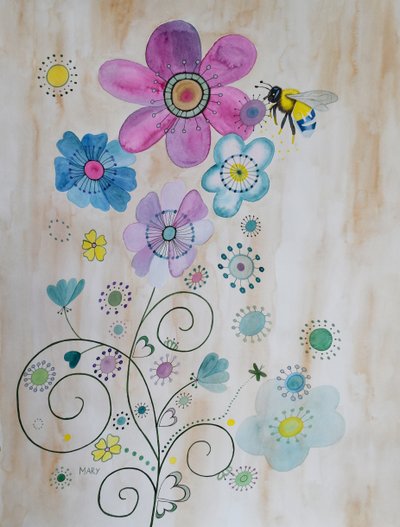 Bee and Her Flowers by Marys Watercolors