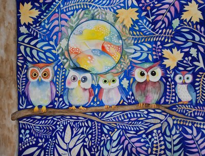Owls at Night by Marys Watercolors