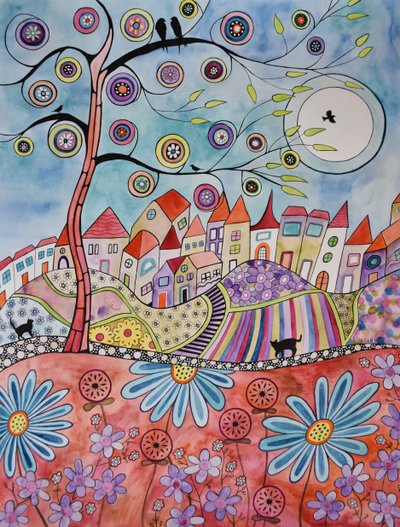Village Behind Red Meadow by Marys Watercolors