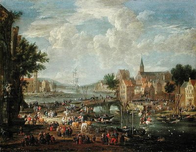 Townsfolk on the Riverbank by A.F. and Bouts, P. Boudewyns