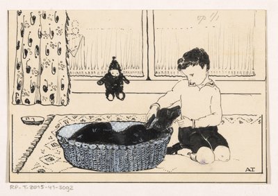 Boy Petting a Dog by A. Tinbergen (signed by artist)