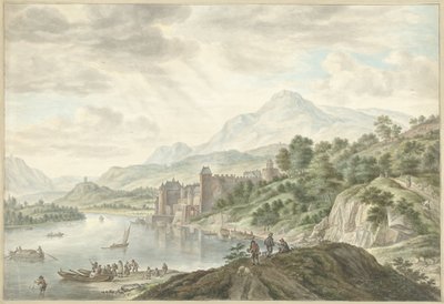 Hilly Landscape with a Castle by a River by Abraham Delfos