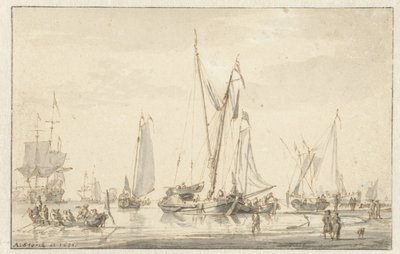 Beach Scene with Moored Ships by Abraham Storck