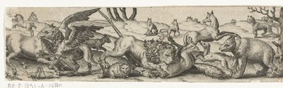 Fighting animals in a landscape by Abraham de Bruyn
