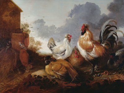 Poultry in a farmyard by Abraham van Calraet