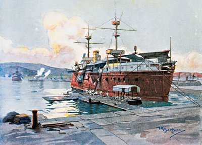 The old ship Castelfidardo in La Spezia by Achille Beltrame