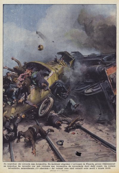 A bus overturns a locomotive by Achille Beltrame