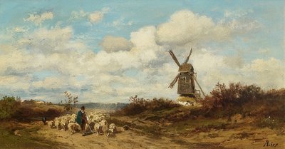 Landscape with Windmill and Shepherds by Adolf Heinrich Lier