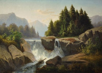 Mountain landscape with waterfall by Adolf Kosárek