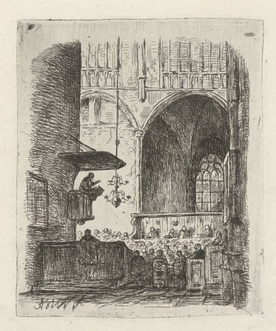 Church Interior with Service by Adrianus Wilhelmus Nieuwenhuyzen