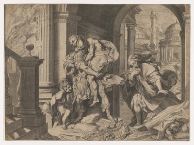 Aeneas and his family fleeing Troy, 1595 by Agostino Carracci