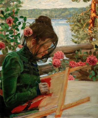 Marie, Embroidering in Kalela by Akseli Valdemar Gallen Kallela