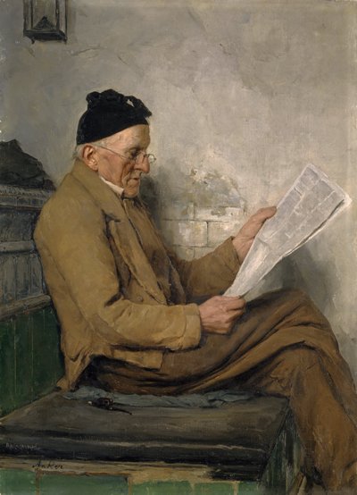 Farmer Reading on the Stove Bench by Albert Anker