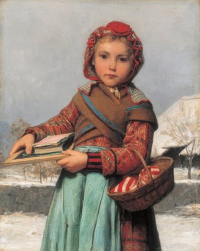 Schoolgirl with Slate and Sewing Basket. 1878 by Albert Anker