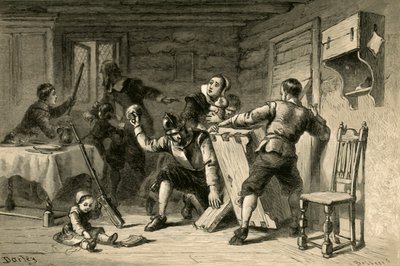 Puritans Barricading Their House Against Indians, 1877 by Albert Bobbett