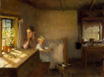 Woman with Child in Sunlit Interior by Albert Gustaf Aristides Edelfelt