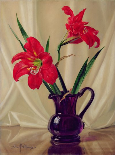 Amaryllis Lilies, in a Dark Glass Jug by Albert Williams