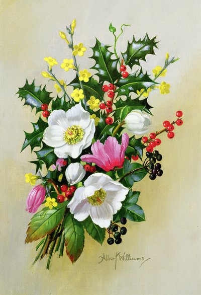 Spray of Dogrose, Holly, Mistletoe and Larkspur by Albert Williams