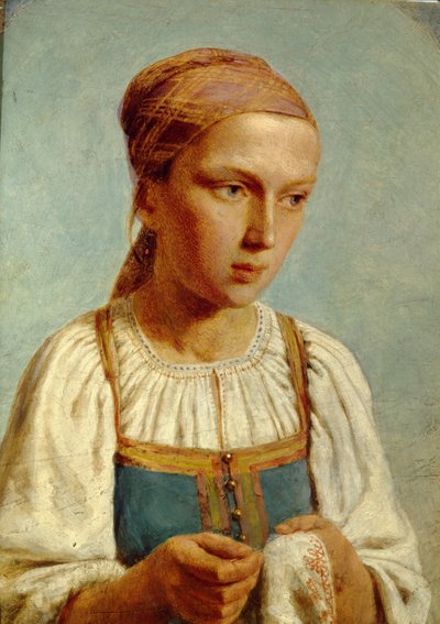 Embroidery Country Girl by Aleksei Gavrilovich Venetsianov