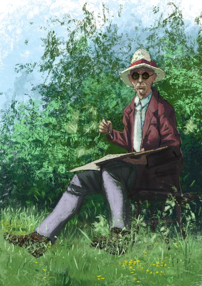 Hermann Hesse painting in the garden by Alessandro Lonati