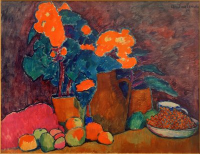 Still Life with Flowers, Fruit, and Bottle by Alexej von Jawlensky