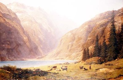A Mountainous Lake Landscape with Cattle by Alfred Chavannes