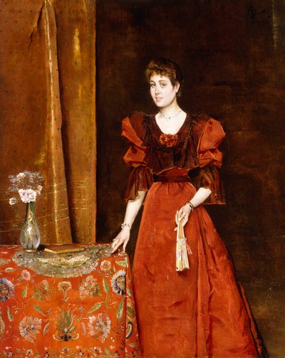 Elegant Lady Holding a Fan by Alfred Emile Stevens