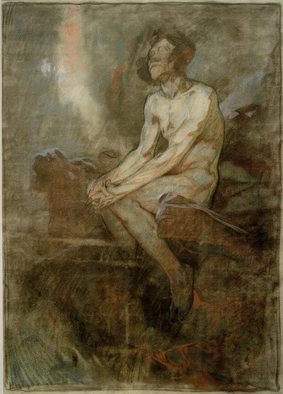 Male Nude Sitting on a Rock by Alphonse Mucha