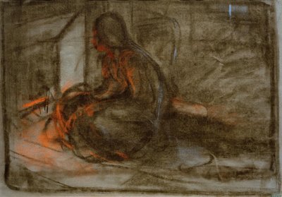 Woman Sitting by the Fire by Alphonse Mucha