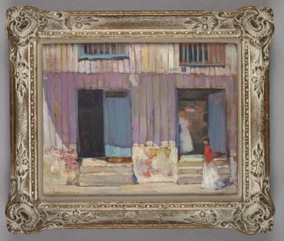 Woman walking in front of buildings by Alson Skinner Clark