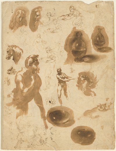 Studies of Glass Jars and Figures (recto) by Ambrogio Figino