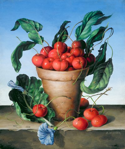 Cherries in terracotta with blue flower by Amelia Kleiser