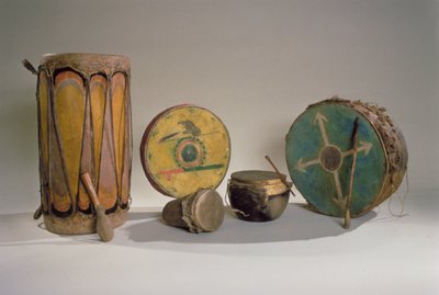 A collection of American Indian drums by American School