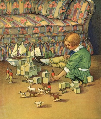 Boy Playing with Toy Soldiers and Blocks by American School