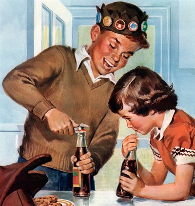 Boy and Girl Happily Enjoying Soft Drinks by American School