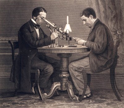 Early Scientists Looking Through Microscopes by American School