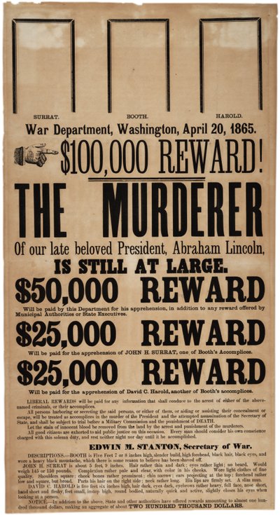 Lincoln assassination reward poster, 20th April 1865 by American School
