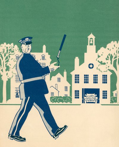 Neighborhood Policeman on His Beat by American School
