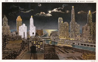 Postcard of Chicago by night, c.1930 by American School