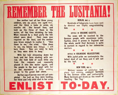 "Remember the Lusitania" WWI Recruiting Poster by American School