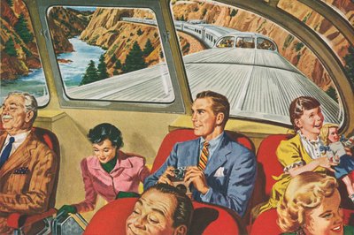 Travellers Enjoying a Futuristic Train Trip by American School