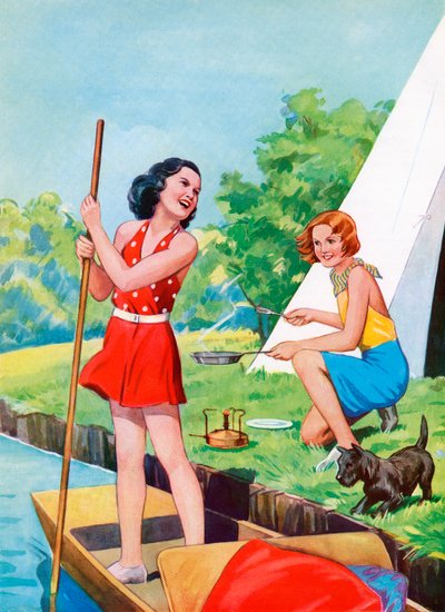 Two Young Girls Camping by American School