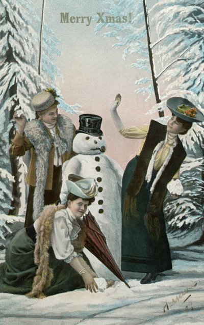 Victorian Women Playing with Snowman by American School