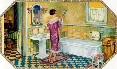Woman Standing in an Art Deco Bathroom by American School