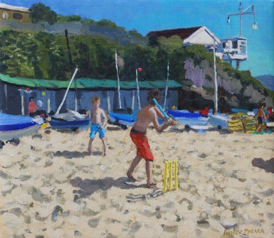 Cricket, and yellow stumps, Abersoch by Andrew Macara
